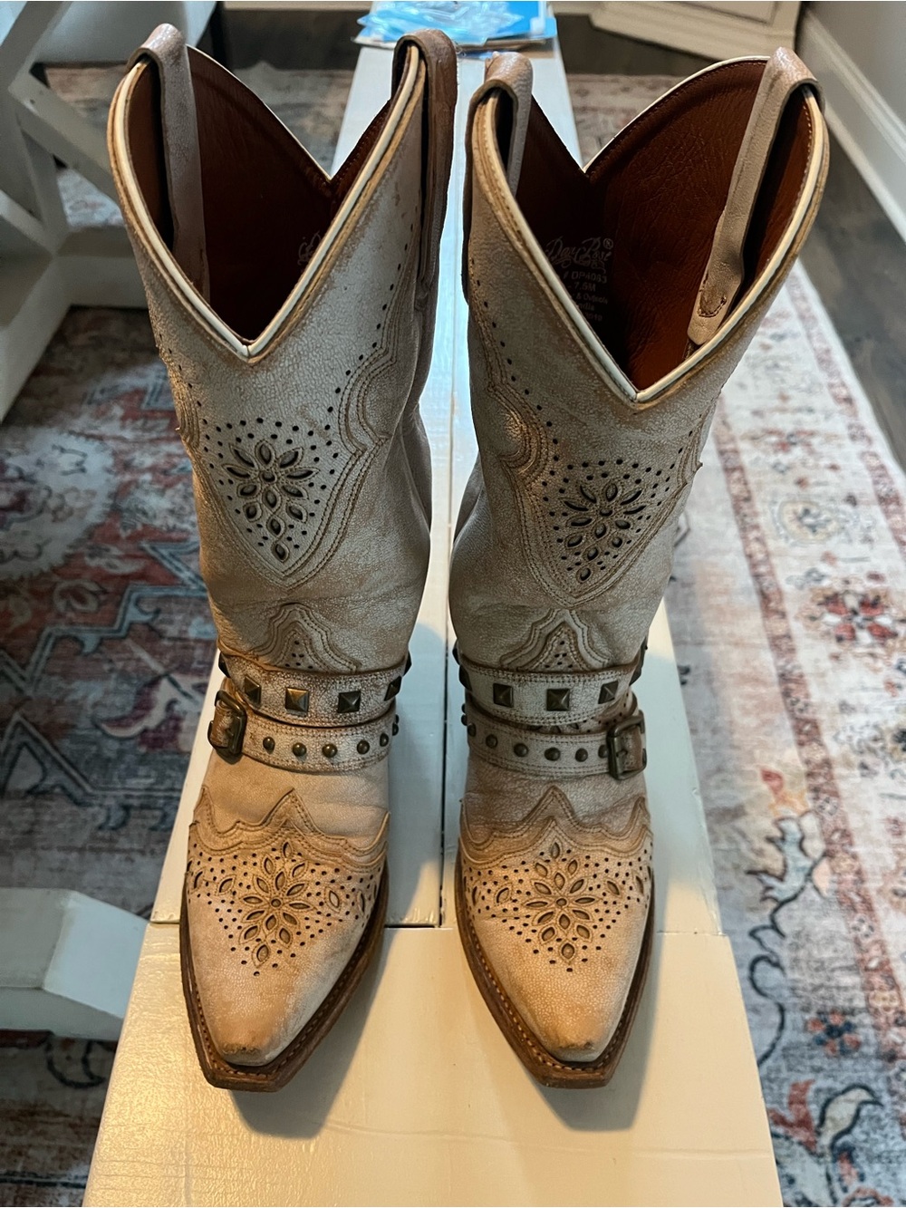 Dan Post Cream Western Perforated Studded Leather Boots